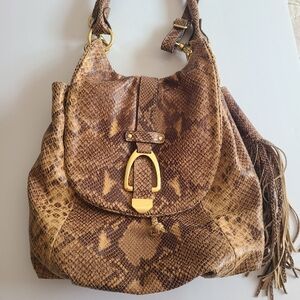 G.I.L.I. Large Leather Brown Python Snake Print Tassel Hobo Bag Purse